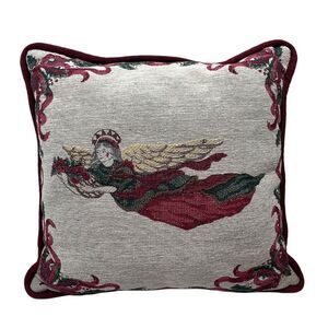 Vintge Angel Tapestry Christmas Throw‎ Pillow 16x16 Holly French Horn